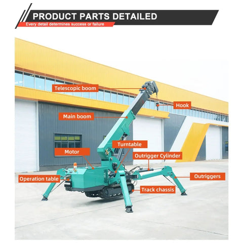 Portable Mini Crawler Crane Delivers Killer Lifting Power Up To 5 Ton Capacity With Smooth Wireless Remote Control and detailed view of components.