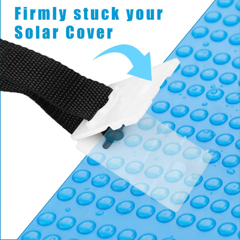 Universal Pool Solar Cover Reel Attachment Kit With Heavy Duty Straps And Clips For Inground Swimming Pools Hella Secure Grip Keeps Blanket Locked Down Sweet, showing black strap securing solar cover.
