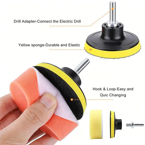 Make Your Ride Look Slick As Glass With This 11 Piece 3 Inch Drill Buffing Pad Set Professional Grade Car Foam Polishing Kit with durable yellow sponge and drill adapter.