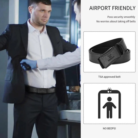 TSA Approved Nickel Free Hypoallergenic Plastic Belt With No Metal Buckle For Men Black Leather Look in security check