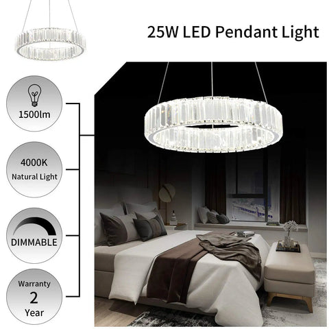 Elegant Modern Crystal Pendant Light for Dining and Living Rooms, illuminating a stylish bedroom with a luxe vibe.