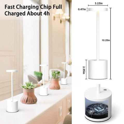 LED Cordless Table Lamp 10.25 Inch Portable Battery Powered Desk Light White Finish With 5000mAh Battery And USB C Fast Charging Delivers 8 To 50 Hours Runtime For Hotel Restaurant Patio And Dining Areas, shown with size details and fast charging chip.