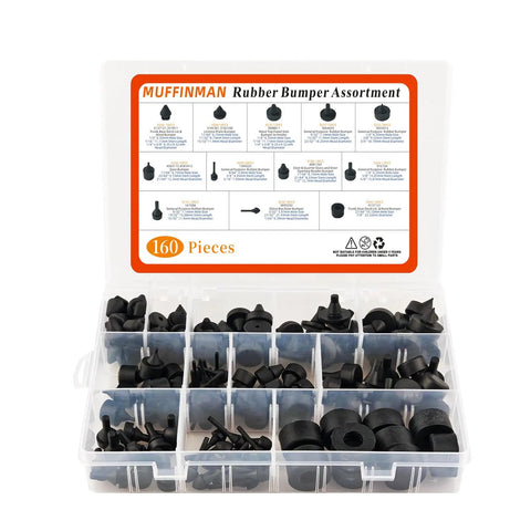 Go-To Heavy-Duty Rubber Bumper Kit For Cars And Trucks - 160-Piece Black Bumper Stopper Assortment in a storage box