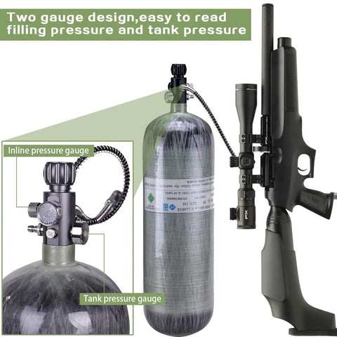 Dual Gauge Paintball Fill Station Valve With 7/8-14UNF Thread 4500 Psi High Pressure Tank Charging System shown with air gun