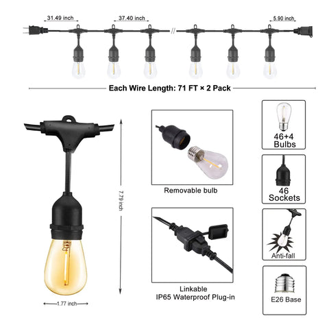 LED Outdoor String Lights 150FT Two Pack 75Ft Each Built to Hang Tough Shatterproof IP65 Waterproof Heavy Duty Edison Patio Lights for Backyard Porch Yard Outdoor House Exterior
