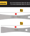 Two Piece Stainless Steel Pry Bar Scraper Set With Nail Puller And Angled Scraper Edge For Prying Walls Moldings Tiles Wood Slats Baseboards And Trim Seven And A Quarter Inch And Nine And A Quarter Inch Lengths showing both pry bars with measurements