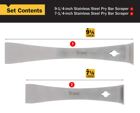 Two Piece Stainless Steel Pry Bar Scraper Set With Nail Puller And Angled Scraper Edge For Prying Walls Moldings Tiles Wood Slats Baseboards And Trim Seven And A Quarter Inch And Nine And A Quarter Inch Lengths showing both pry bars with measurements