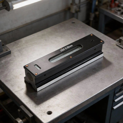 Micpointik 100mm Strip Level 0.02mm, Metal Machinist on workbench with a metal surface for precision alignment.