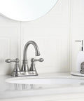 Two Handles Brushed Nickel Bathroom Faucet With Overflow Pop Up Drain for 3 Hole Sinks, 360 Degree Swivel Spout, 4 Inch Centerset