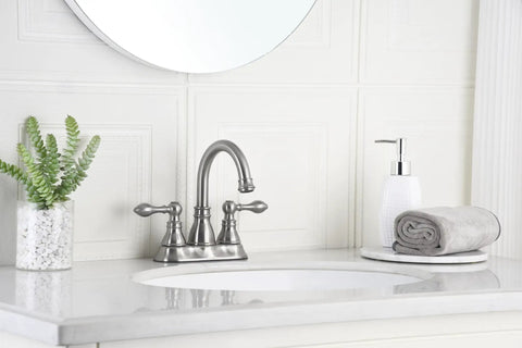 Two Handles Brushed Nickel Bathroom Faucet With Overflow Pop Up Drain for 3 Hole Sinks, 360 Degree Swivel Spout, 4 Inch Centerset