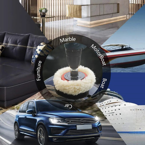 Five Piece Natural Wool Buffing Pad Set For Car Polishing 3 Inch 75mm displayed with various surfaces for polishing