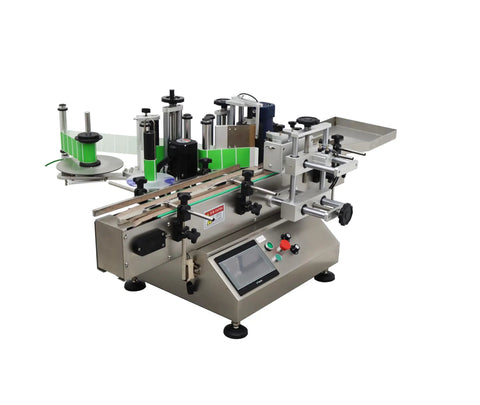 Slick Automatic Desktop Conveyor Bottle Labeler Workhorse High Speed Round Container Labeling Machine With Smooth Half Circle Application.