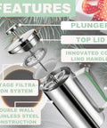 Stainless Steel French Press Coffee Maker 21 Oz Capacity Portable Camping Travel Coffee Press With Green Handle BPA Free 304 Stainless Steel Double Wall Insulation Keeps Coffee Hot And Fresh Ideal For Personal Use Office Or On The Go Outdoors shown with labeled features.