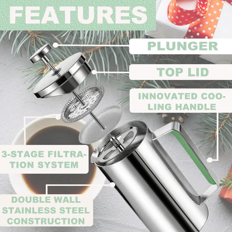 Stainless Steel French Press Coffee Maker 21 Oz Capacity Portable Camping Travel Coffee Press With Green Handle BPA Free 304 Stainless Steel Double Wall Insulation Keeps Coffee Hot And Fresh Ideal For Personal Use Office Or On The Go Outdoors shown with labeled features.