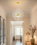 Gold Modern 8 Light Crystal Sputnik Dandelion Chandelier Pendant Lighting For Living Room Bedroom Dining Hallway Foyer Kitchen Island Glam Statement Fixture With Crystal Shine And Sparkle That Elevates Any Space hanging in a hallway with soft lighting