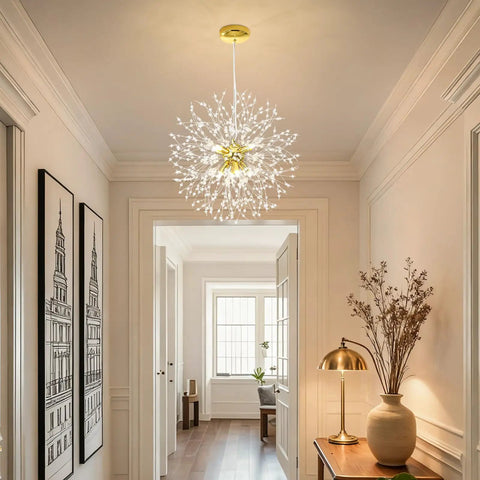 Gold Modern 8 Light Crystal Sputnik Dandelion Chandelier Pendant Lighting For Living Room Bedroom Dining Hallway Foyer Kitchen Island Glam Statement Fixture With Crystal Shine And Sparkle That Elevates Any Space hanging in a hallway with soft lighting