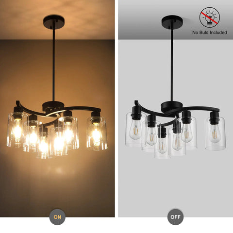 6 Light Modern Farmhouse Black Chandelier For Dining Room with adjustable height and clear glass shades shown on and off.