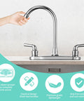 Heavy Duty Rv Kitchen Faucet With Chrome Finish And Abs Body Built Tough Offers Two Levers Plus Eight Inch Base showing pull-down sprayer and two handles.