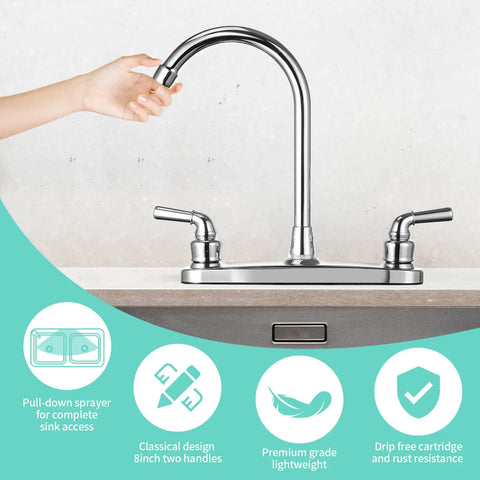 Heavy Duty Rv Kitchen Faucet With Chrome Finish And Abs Body Built Tough Offers Two Levers Plus Eight Inch Base showing pull-down sprayer and two handles.