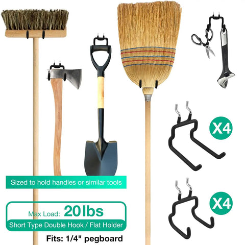 Eight Pack Pegboard Hooks For One Quarter Inch Pegboards Heavy Duty Metal Tool Hangers displaying tools on wall