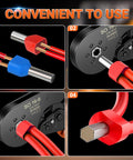 Close-up image of Ferrule Crimping Tool Kit Upgrade Double And Single Ferrules Connectors with wires, shown in action.