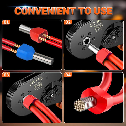 Close-up image of Ferrule Crimping Tool Kit Upgrade Double And Single Ferrules Connectors with wires, shown in action.
