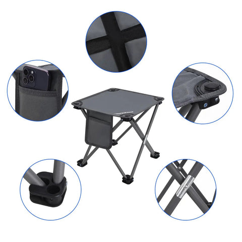 Lightweight Camping Stool Portable Folding Seat For Camping Hiking Fishing Beach Picnics And Travel With Carry Bag Grey Ultralight Durable Sit Anywhere On The Go Outdoor Gear with pocket and connector details.