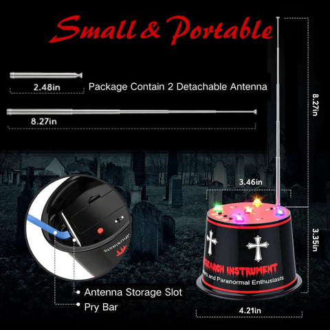 Next Gen Ghost Hunting Equipment With Auto Calibration EMF Detector And Temp Deviation Alerts Pro Grade Adjustable Five Sensitivity Levels Real Time Audible And Visual Alarms Field Fringe Detection Battery Powered 40 To 60 Hours, black portable detector with antenna
