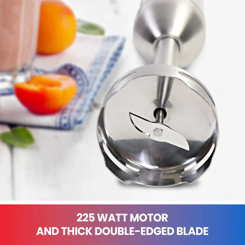 Powerful Immersion Blender With Stainless Steel Shaft And Variable Speed Control To Handle Tough Ingredients shown with 225 watt motor and blade.