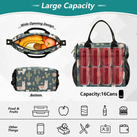 Cactus Flowers Insulated Lunch Bag With Leakproof Cooler Tote, showing wide opening with fruits and 16-can capacity illustration.