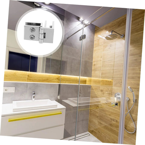 DOITOOL glass door hinges, 4 pcs, installed on a clear shower door; chrome metal hinges in modern bathroom