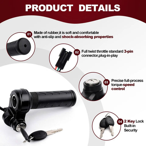 Full Twist Electric Bike Throttle Grip With 3 Pin Plug And Play And 2 Keys Universal Fit For 12V To 72V E Bikes Motorcycles And Scooters Easy Replace For Ridstar Q20 And Other Models