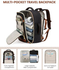 LOVEVOOK multi-pocket travel backpack, black with tan trim; opened to reveal organized interior with clothes