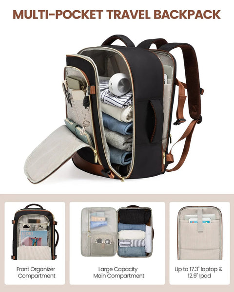 LOVEVOOK multi-pocket travel backpack, black with tan trim; opened to reveal organized interior with clothes
