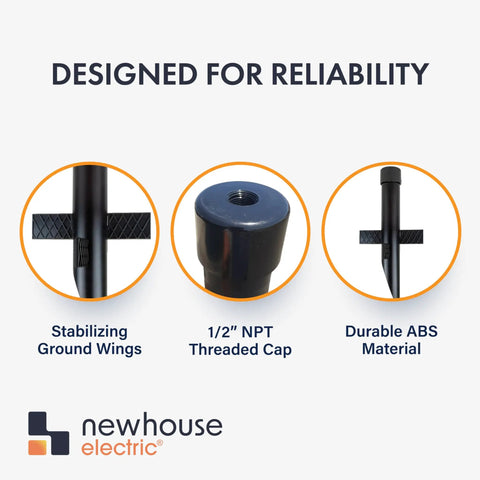 Heavy Duty 17 Inch Outdoor Landscape Lighting Mounting Post with ABS ground stake, stabilizing wings, and 1/2 inch NPT cap.