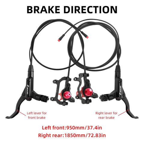 Z00M HB875E eBike hydraulic disc brake set with front and rear levers, red anodized caliper adjusters, 180mm rotors