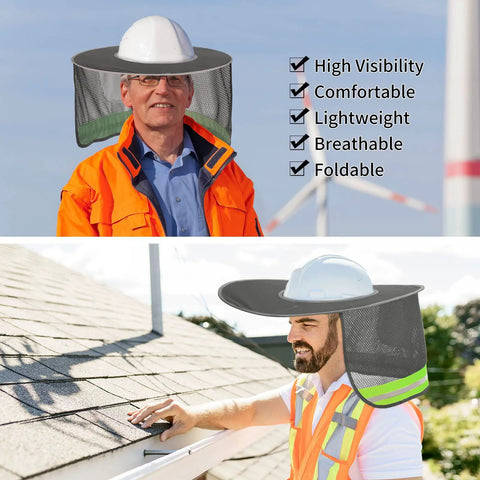 9 Piece Hella Solid Hard Hat Sun Shade With Reflective Strip And Full Brim Mesh Neck Cover For Long Day Shifts Keep Your Face Cool In High Visibility Gray Slick Fit worn by workers outdoors.