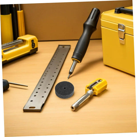 Top Notch 6 Pack Nylon Polishing Wheels With 10mm Hole And 75mm Size for Heavy Duty Metal Surface Finishing Plus Marble Stone Grinding On Bench Grinders To Get That Sweet Sparkle And Smooth Finish Fast with tools and accessories on wooden surface.