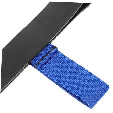 Close-up of Scuba Tank Holder Belt for Diving Gear with blue strap and black attachment for Oxygen and Decompression Tanks.