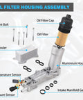 Dodge Aluminum Engine Oil Filter Housing And Oil Cooler Kit For 3.6L Pentastar V6 with components labeled and visible.