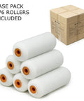 Heavy Duty 4 Inch Foam Paint Roller Covers 576 Bulk Case displayed with foam rollers stacked beside a shipping box.