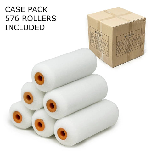 Heavy Duty 4 Inch Foam Paint Roller Covers 576 Bulk Case displayed with foam rollers stacked beside a shipping box.