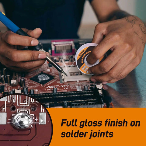 Person using Sn63 Pb37 Tin Lead Rosin Core Solder Wire, 1.0mm diameter, on a circuit board, spool label visible in hand.