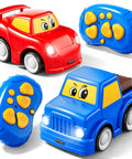 Twin Remote Control Cars For Toddlers 2 Pack Blue Truck And Red Race Car 2.4 GHz With Two Remotes And A Screwdriver Easy To Use Sound And Light RC Toys Gift For Boys And Girls Ages 1 2 3 4 5 showing red race car with remote, and blue truck with remote