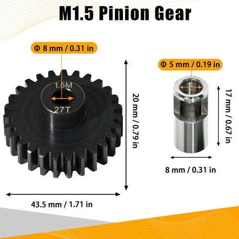 Large Scale RC Pinion Gear Kit M1.5 27T 8mm Bore With 8mm To 5mm Shaft Adapter Sleeve Chromium Steel Motor Gear