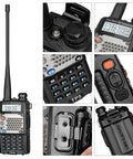 Upgraded 8W Handheld Ham Radio UV-5R 2nd Gen Two-Pack, featuring metal front shell and dual-band controls in various views.