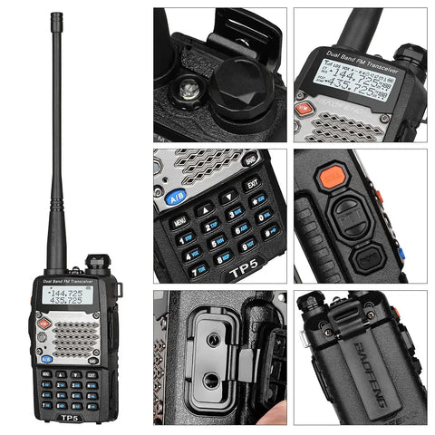 Upgraded 8W Handheld Ham Radio UV-5R 2nd Gen Two-Pack, featuring metal front shell and dual-band controls in various views.