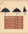 Matte Black Cup Drawer Pulls For Cabinets And Kitchen, side and front view with size measurements in inches and cm