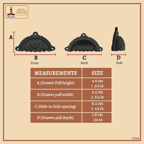 Matte Black Cup Drawer Pulls For Cabinets And Kitchen, side and front view with size measurements in inches and cm