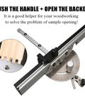 Precision Table Saw Miter Gauge With Repeat Cut Flip Stop Reliable Metal Fence, showing adjustable fence and detailed cut system.